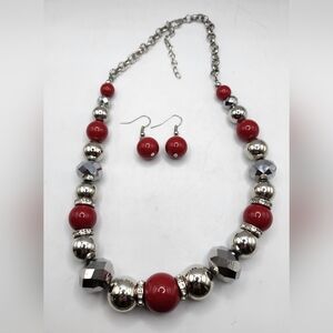 Red and Silver Tone Bling Bead Necklace 18" with2" Extender and Earrings 1" Set